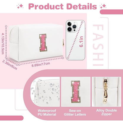Small Initial Patch Makeup Bag Personalized Gifts Make Up Bag,White Cute PU Leather Glitter Letter Cosmetic Bag with Zipper,Trendy Portable Travel Toiletry Pouch,Preppy Stuff for Teen Girls Women I