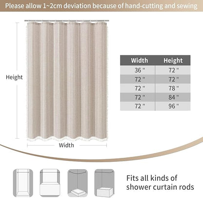 MitoVilla Boho Extra Long Shower Curtain 72 x 96, Taupe Modern Farmhouse 96 inch XL Polyester Linen Texture Tassel Fabric Shower Curtain Set with Hooks for Cottagecore Country Bathroom Decor,Taupe
