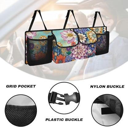 Boho Car Trunk Organizer Oxford Cloth, Mandala Flower Car Storage Organizer (37.01"*11.8") Portable Car Storage Bag with 4 Pocekt, Hanging Car Organizer for SUV/MPV/Truck, Machine Washable