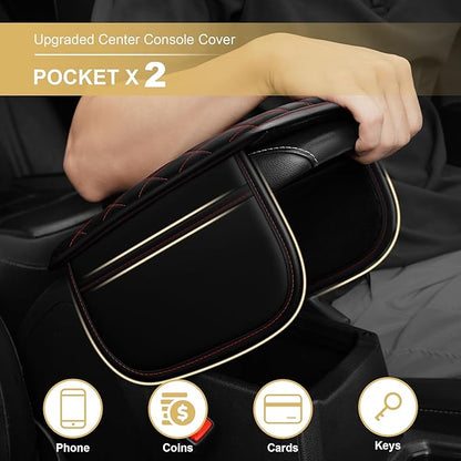 Center Console Cover for TSX: Armrest Cover for Car with 2 Storage Bags - Scratch & Wear Resistant & Waterproof Leather Console Cover,Anti-Scratch Auto Armrest Pad Accessory （Black&Red