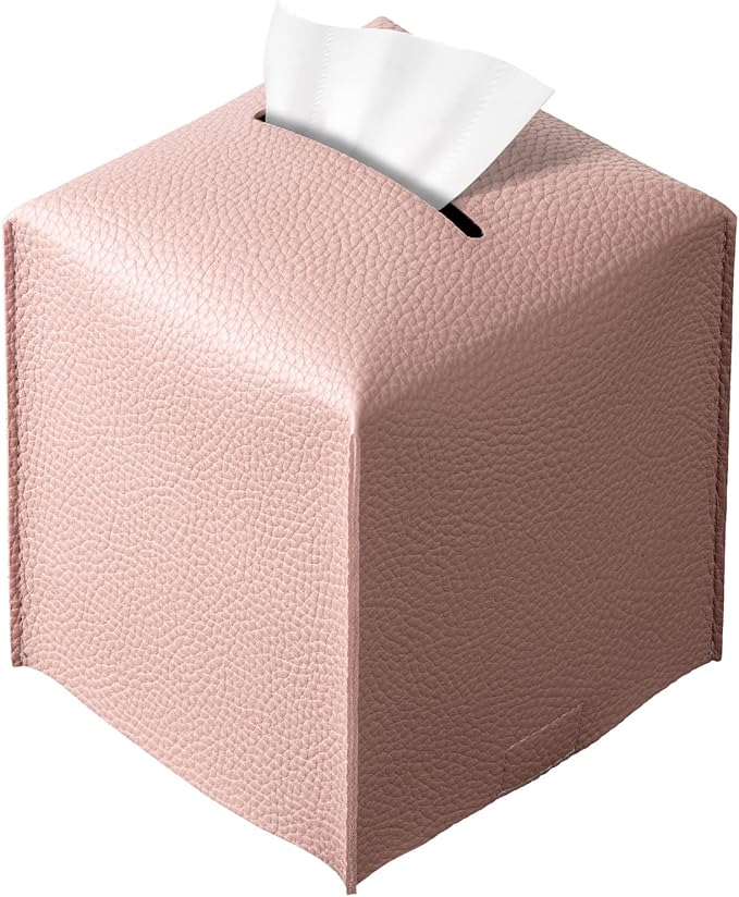 REGELETO Square Tissue Box Cover, Pu Leather Tissue Box Holder with Bottom Belt Modern Stylish Tissue Box Organizer for Bathroom, Bedroom, Hotel, Office Desk 5"X5"X5"-Pink