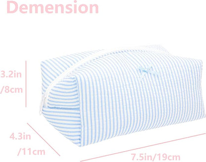 PAZIMIIK 2PCS Cozy Makeup Bag Travel Cosmetic Bag for Women Soft Toiletry Bag Aesthetic Makeup Organizer Portable Large Zipper Pouch for Skincare Beauty Accessories Brushes Stripe Blue