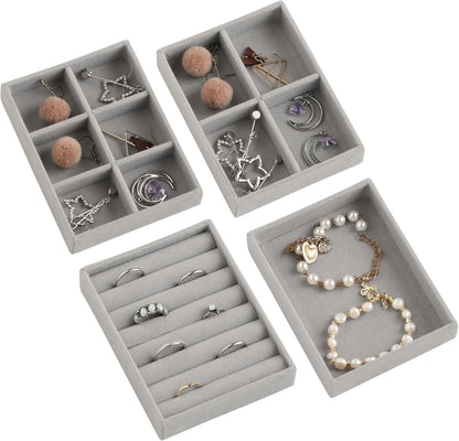 Frebeauty Small Jewelry Tray Set,Stackable Velvet Jewelry Organizer Tray,Mini Jewelry Drawer Organizer,Drawer Inserts,4.92 x 3.74 x 0.9 Inches,Earring Organizer for Women(Set 4,Grey)