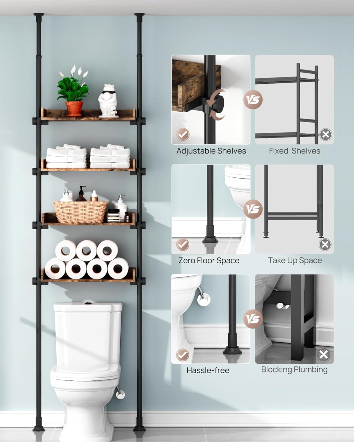 ALLZONE Bathroom Organizer, Over The Toilet Storage, 4-Tier Adjustable Wood Shelves for Small Rooms, Saver Space Rack, 92 to 116 Inch Tall, Narrow Cabinet, Rustic Brown