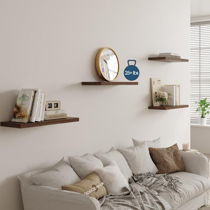 Wall Shelf Set of 3, Walnut Floating Shelves 24 in W x 10 in D x 1 in H, Wooden Floating Wall Shelf with Invisible Brackets for Living Room/Bedroom/Bathroom/Kitchen Storage and Decor