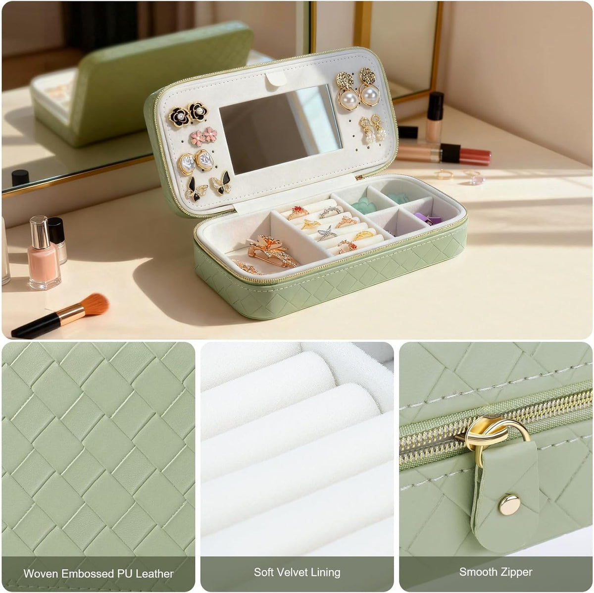 DesignSter Jewelry Organizer, Small Portable Travel Jewelry Storage for Women, Woven Embossed PU Jewelry Case with Mirror for Ring Earring Necklace Bracelet