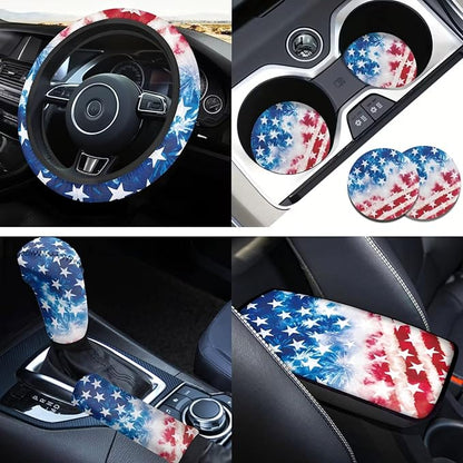 America Flag Print Car Steering Wheel Cover Independence Day Car Accessories Handbrake Cover Cup Coaster Auto Interiors Decor for Men Women 6pcs