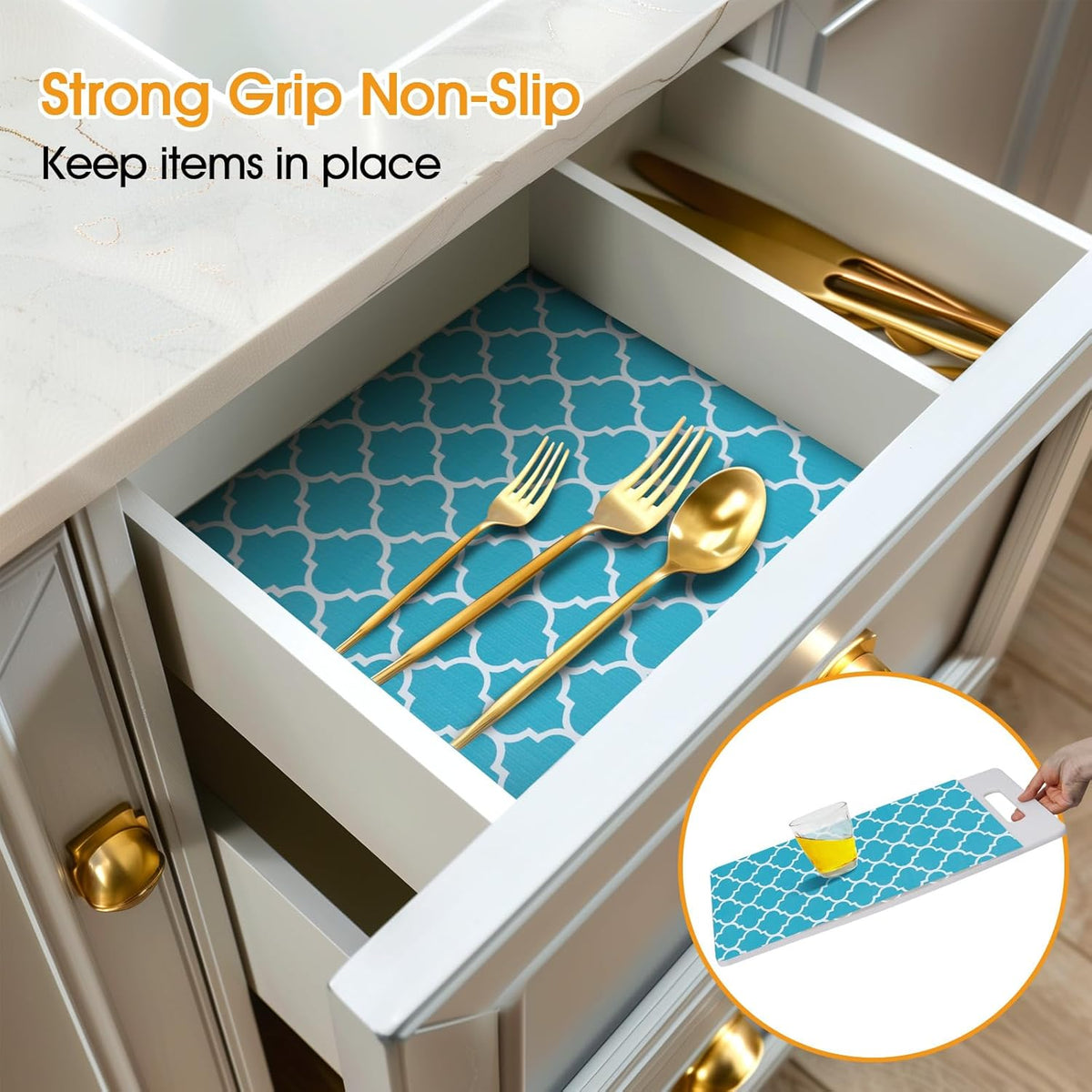 Shelf and Drawer Liner for Kitchen Cabinets Non-Adhesive, Strong Grip Non-Slip Thickened Cabinet Liners for Shelves, Waterproof Mats for Dresser Cupboard, Green/White, 17 in x 30 Feet