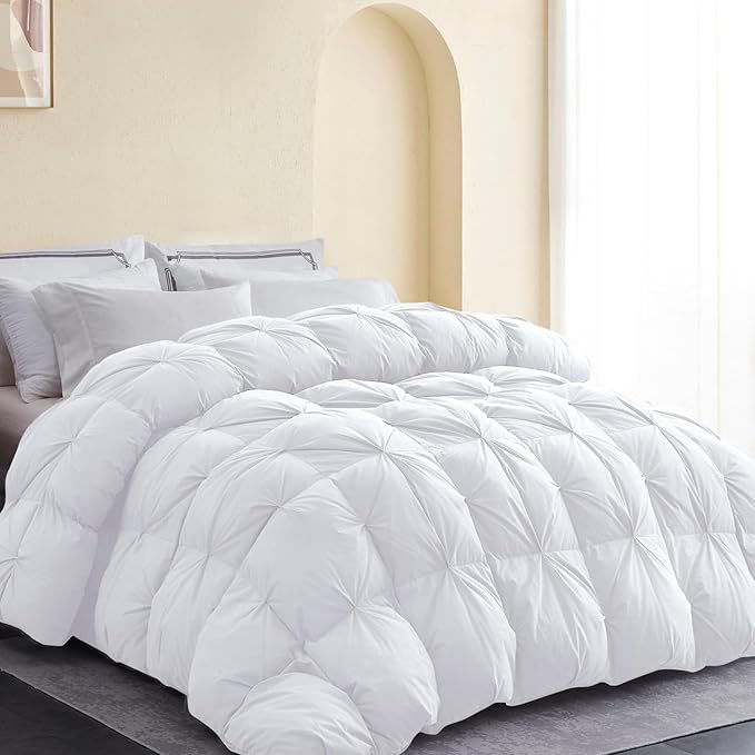 SNOWMAN Premium Down Comforter Cal King Size, Luxurious All Season Duvet Insert with Cotton Blended Fabric, Pinch Pleat Design Hotel Bedding Comforter (White,108"x98")