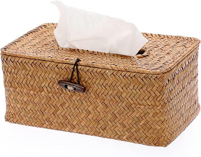 Shonmogar Tissue Box Cover Rectangle Seagrass Tissue Box, Woven Tissue Box Holder with Lid, Farmhouse Style Tissue Cover for Bathroom Toilet Living Room Bedroom Kitchen Table Desk Office Car, Caramel