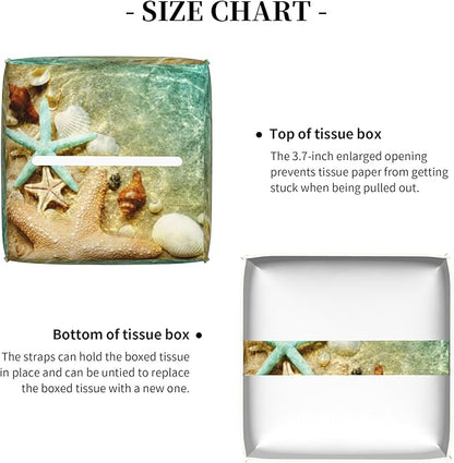 Starfish Seashell on Summer Beach Tissue Box Cover Square, Starfish Seashell Tissue Box Holder Waterproof Leather Facial Paper Organizer Dispenser for Bathroom Home Car Nightstand Vanity Desk