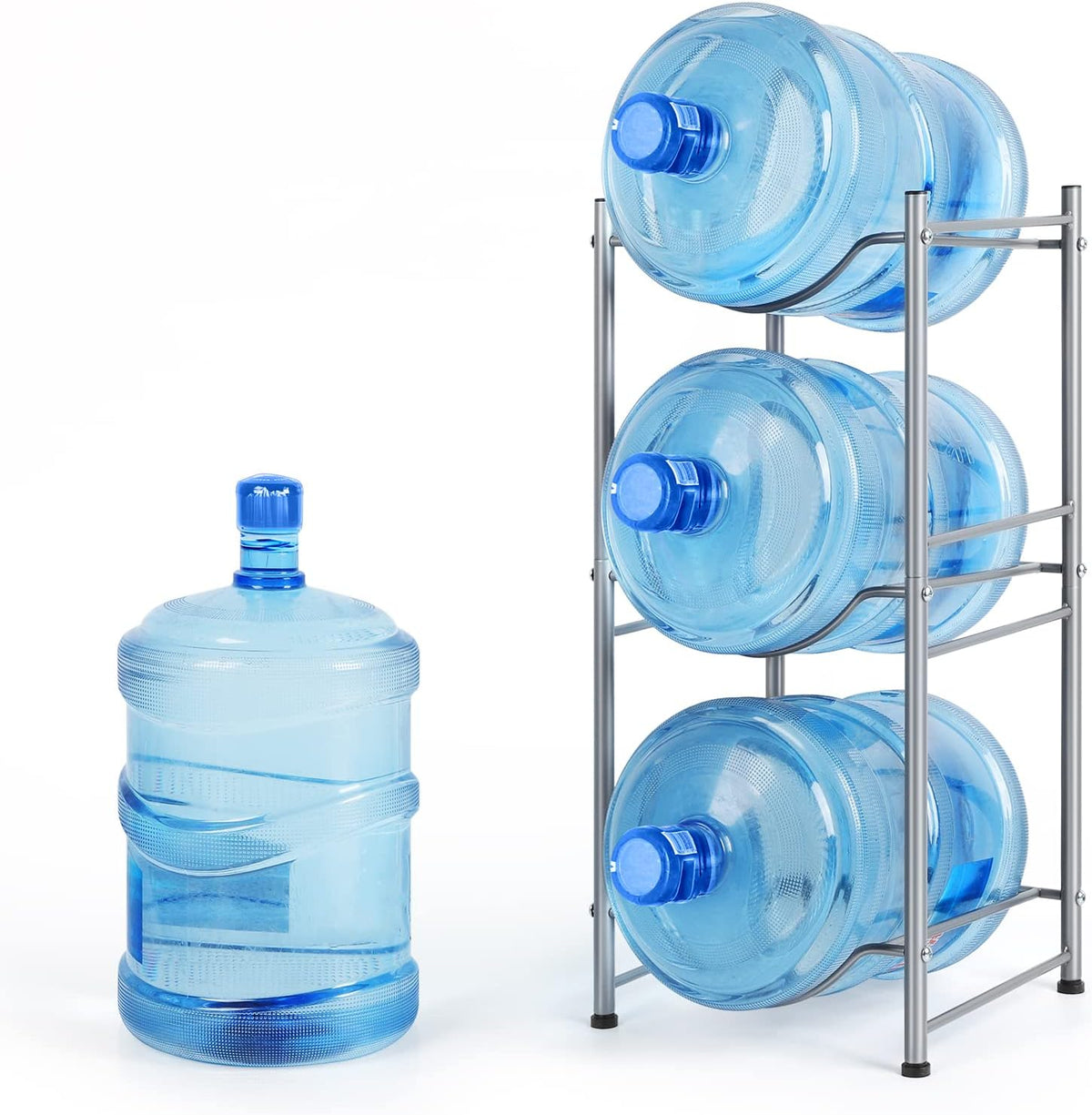 smusei 5 Gallon Water Bottle Holder Water Cooler Jug Rack for 3 Bottles Storage Detachable Heavy Duty Water Jug Organizer Stand for Home Office Kitchen Silver