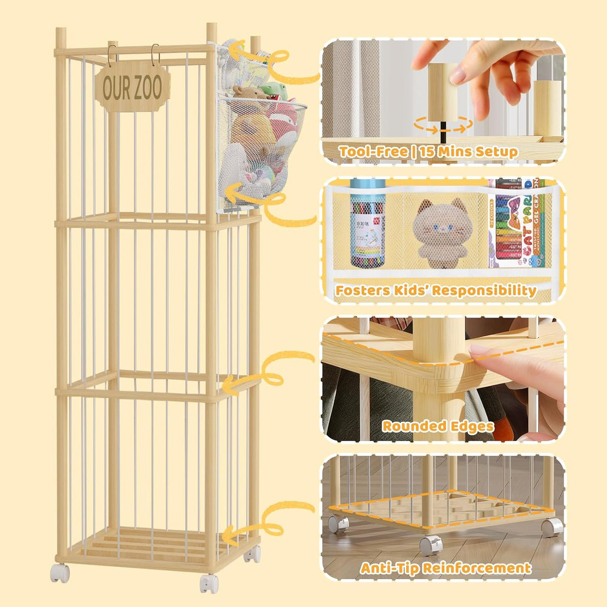Stuffed Animal Storage with Net Wooden Toy Storage Organizer Stuffed Animal Zoo Storage with Lockable Wheels for Toddler Rooms, Playrooms & Bedrooms (2-Layers)