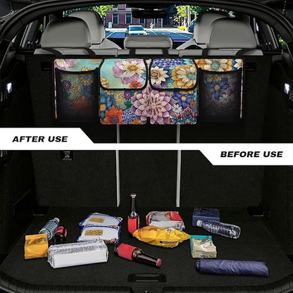 Boho Car Trunk Organizer Oxford Cloth, Mandala Flower Car Storage Organizer (37.01"*11.8") Portable Car Storage Bag with 4 Pocekt, Hanging Car Organizer for SUV/MPV/Truck, Machine Washable