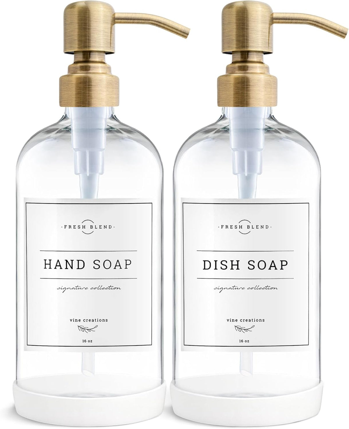 Vine Creations Clear Glass Soap Dispenser, 2 Pack Kitchen Soap Dispenser Set with Stainless Steel Pump, 16 oz Dish Soap and Hand Soap Dispensers for Bathroom with Waterproof Labels