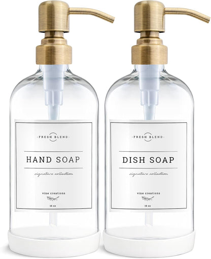 Vine Creations Clear Glass Soap Dispenser, 2 Pack Kitchen Soap Dispenser Set with Stainless Steel Pump, 16 oz Dish Soap and Hand Soap Dispensers for Bathroom with Waterproof Labels