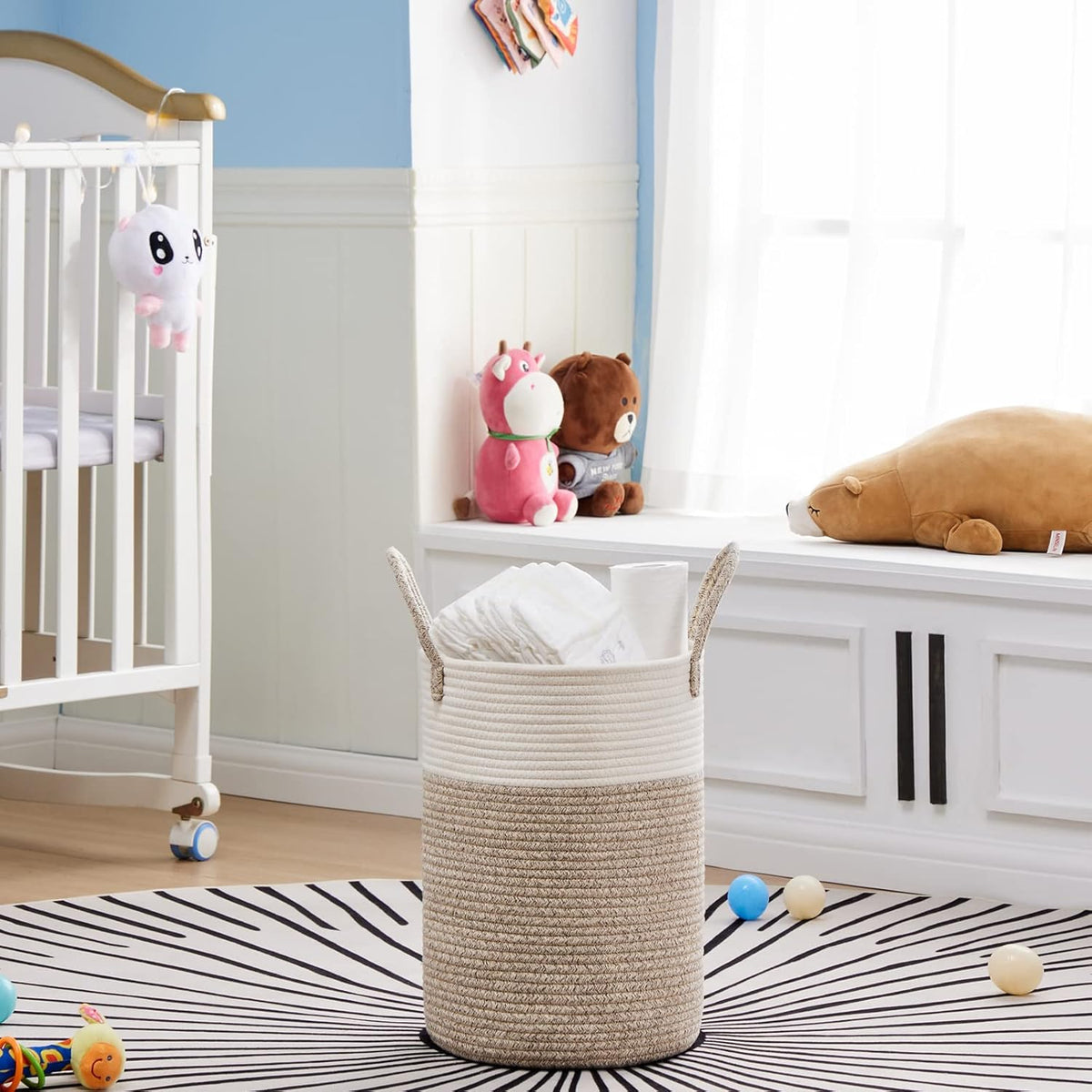 VIPOSCO Tall Laundry Hamper, Woven Rope Storage Basket for Blanket, Toys, Dirty Clothes in Living Room, Bathroom, Bedroom - 30L White & Brown