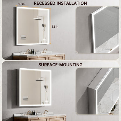 40"x32" Medicine Cabinet Mirror, LED Lighted Medicine Cabinet with Electrical Outlet＆USB, Anti-Fog, 3 Colors Temperature Stepless Dimmable, Aluminum Cabinet for Storage and Mordern Decor