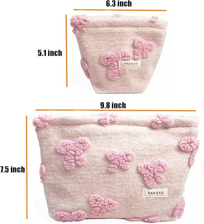 getgto 2 Pcs Makeup Bags, Large Cosmetic Bag Travel Toiletry Bag Organizer for Women, Plush Makeup Bag Small Cosmetic Pouch Purse with Zipper Gifts for Girls Teen