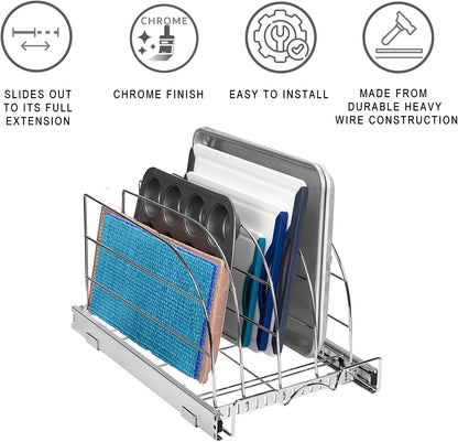 HOLDN’ STORAGE Pull Out Organizer for Bakeware, Cutting Board and Trays, Adjustable Dividers - Heavy Duty, Lifetime Limited Warranty - For Narrow Cabinet Spaces, 12.5”W x 21”D x 11”H, Chrome