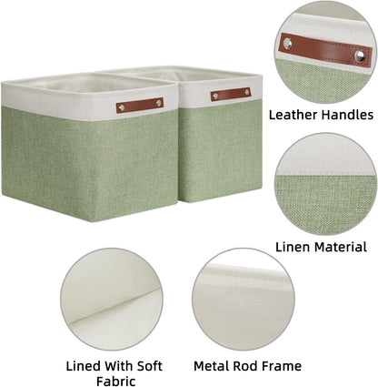 HNZIGE Large Fabric Storage Baskets with Leather Handles, Decorative Foldable Baskets for Organizing Closet & Home (Green, 16" x 11.8" x 11.8" - 2 Pack)