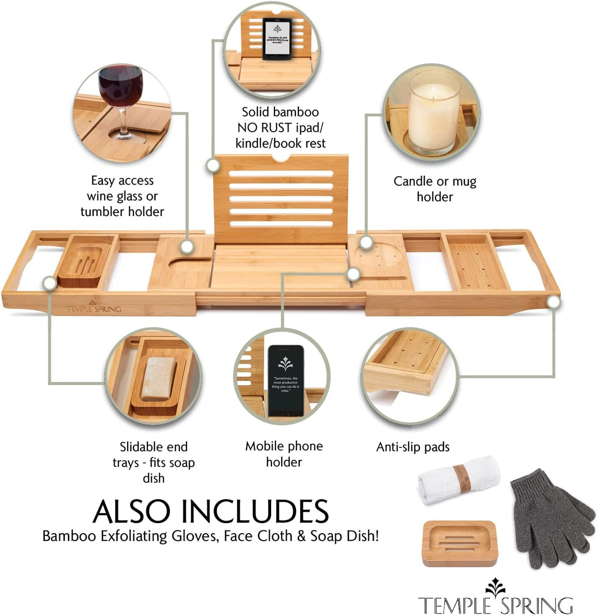 Temple Spring Wooden Bathtub Tray, Bamboo Bathroom Accessories, Bath Tray for Tub, at Home Spa Essentials, Board for Tub Table, Bath Caddy for Bathtub Accessories & Bathroom Essentials – Natural
