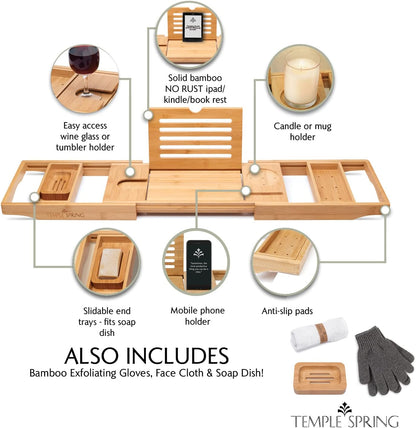Temple Spring Wooden Bathtub Tray, Bamboo Bathroom Accessories, Bath Tray for Tub, at Home Spa Essentials, Board for Tub Table, Bath Caddy for Bathtub Accessories & Bathroom Essentials – Natural