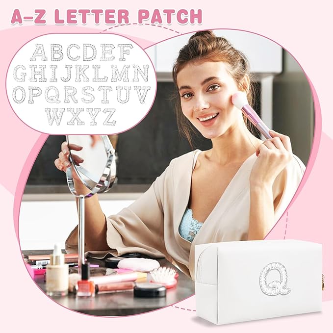 Bride Gifts – Personalized Initial Makeup Bag with Pearl Rhinestone Patch, Preppy White Monogram Cosmetic/Toiletry Pouch, bridesmaid Gifts, Bridal Shower Gifts, Wedding Gifts, Bridal Gifts,Q