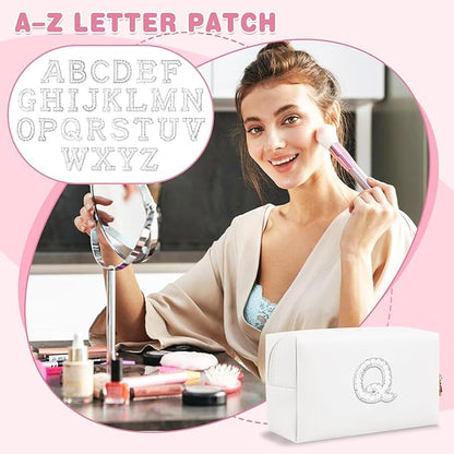 Bride Gifts – Personalized Initial Makeup Bag with Pearl Rhinestone Patch, Preppy White Monogram Cosmetic/Toiletry Pouch, bridesmaid Gifts, Bridal Shower Gifts, Wedding Gifts, Bridal Gifts,Q