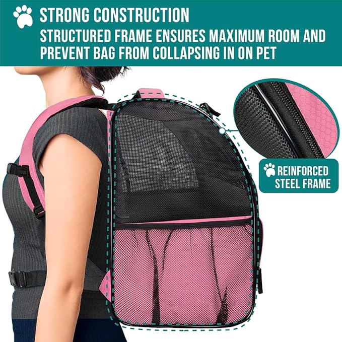 PetAmi Dog Backpack Carrier for Small Large Cat, Pet, Puppy, Ventilated Pet Hiking Backpack Travel Bag, Airline Approved Cat Backpack Carrier, Camping Biking Dog Bag Up to 18lbs Pet, Pink