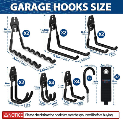 3-H Garage Wall Hooks 20 Pack, Garage Hooks Heavy Duty with Extra Welding Spots, Garage Organizer for Garden, Lawn, Chairs, Ladders, Weed Eater, Shovel(Black)