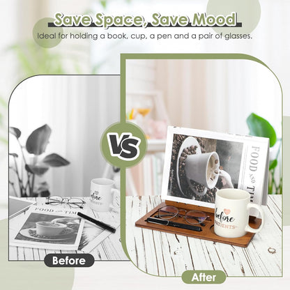 Huray Rayho Book Holder Wooden Book Stand for Reading Rest Page Marker Nightstands Organizer with Cup Mug Glasses Pen Holder Book Lovers Gift for Readers LibrarianTeachers Students Birthday Present