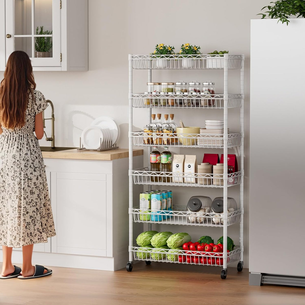 6 Shelves Storage Shelf Wire Closet Bathroom Organizers Metal Pantry Kitchen Garage Shelving Unit Laundry Room Organization Home Rack Net Basket White with Wheels 30" Dx14 Wx65 H