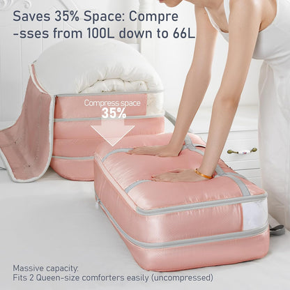 DIMJ Large Comforter Storage Bag with Handls, 100L Washable Blanket Storage, Compression Packing Totes Moving Bags With Zipper, Space Saving Containers For Pillow, Clothes, Bedding, 2 PCS