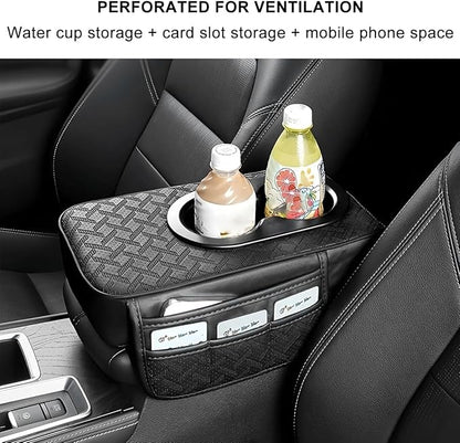 BESULEN Car Center Console Cover, Leather Thick Vehicle Armrest Protector Cushion with Cup Holder & 2 Storage Bags, Automotive Interior Arm Rest Seat Box Pad Accessories, Universal Fit (Black)
