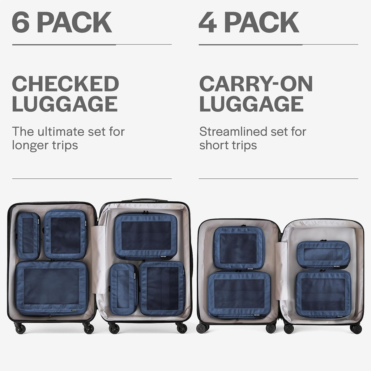 Aerotrunk Compression Packing Cubes for Travel - Luggage Organizer Bags - Double Zipper Packing Cubes for Suitcases (6-Pack, Dark Blue)