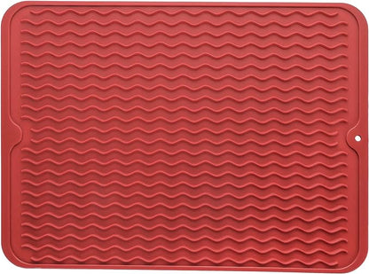 Silicone Dish Drying Mat for Multiple Usage,Easy clean,Eco-friendly,Heat-resistant Silicone Mat for Kitchen Counter or Sink,Refrigerator or drawer liner Red L 16 inches x 12 inches