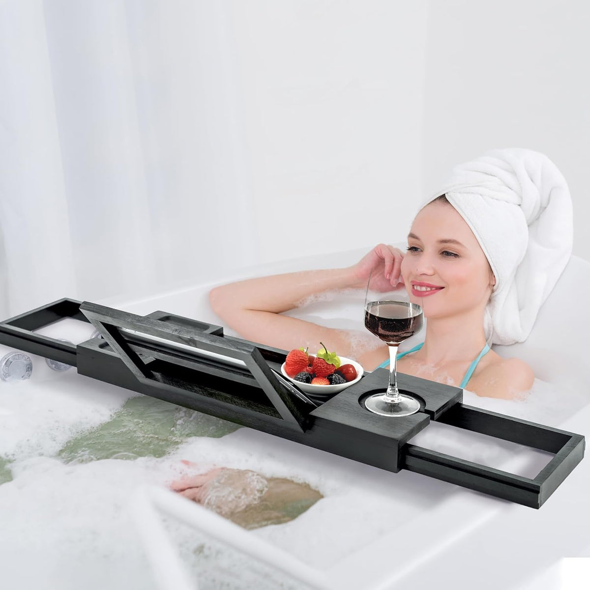 Utoplike Bamboo Bathtub Tray Black, Adjustable Bath Caddy Table for Tub, Bathroom Organizer with Book Tablet Wine Glass Cup Towel Holder