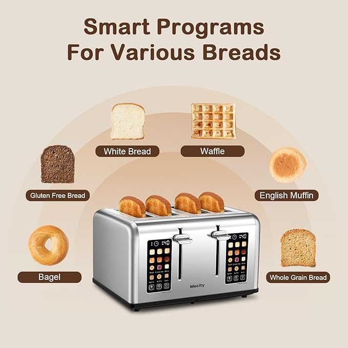 Mecity 4 Slice Toaster with Touch Screen Control, 4 Wide Slots, Stainless Steel