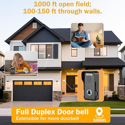 Wireless Doorbell, Hand-Free Door Bell, 1000Ft Long Range, Full Duplex 2 Way