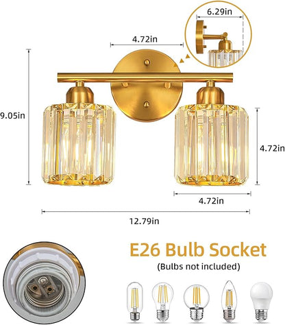 FDPBY Modern 2 Light Crystal Vanity Light, Brushed Gold Vertical Bathroom Light