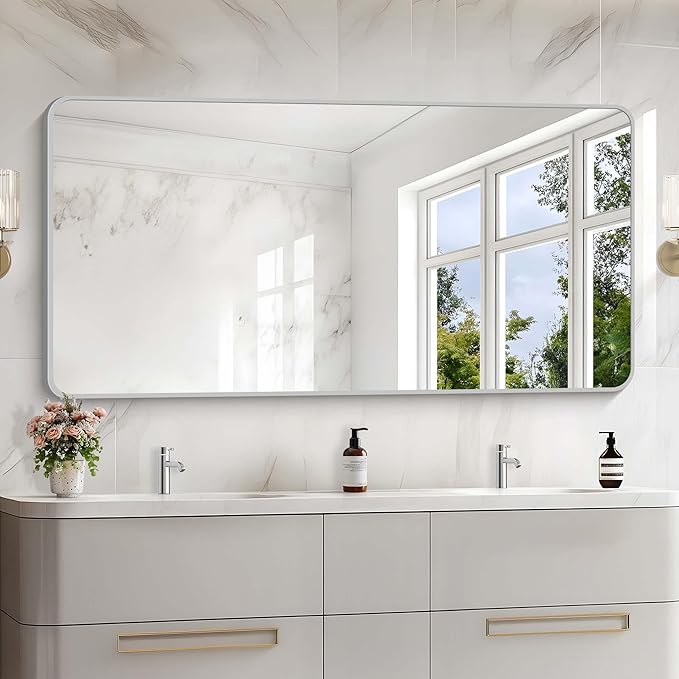 30x60 Inch Silver Bathroom Mirror, Large Rectangular Vanity Mirror, Metal