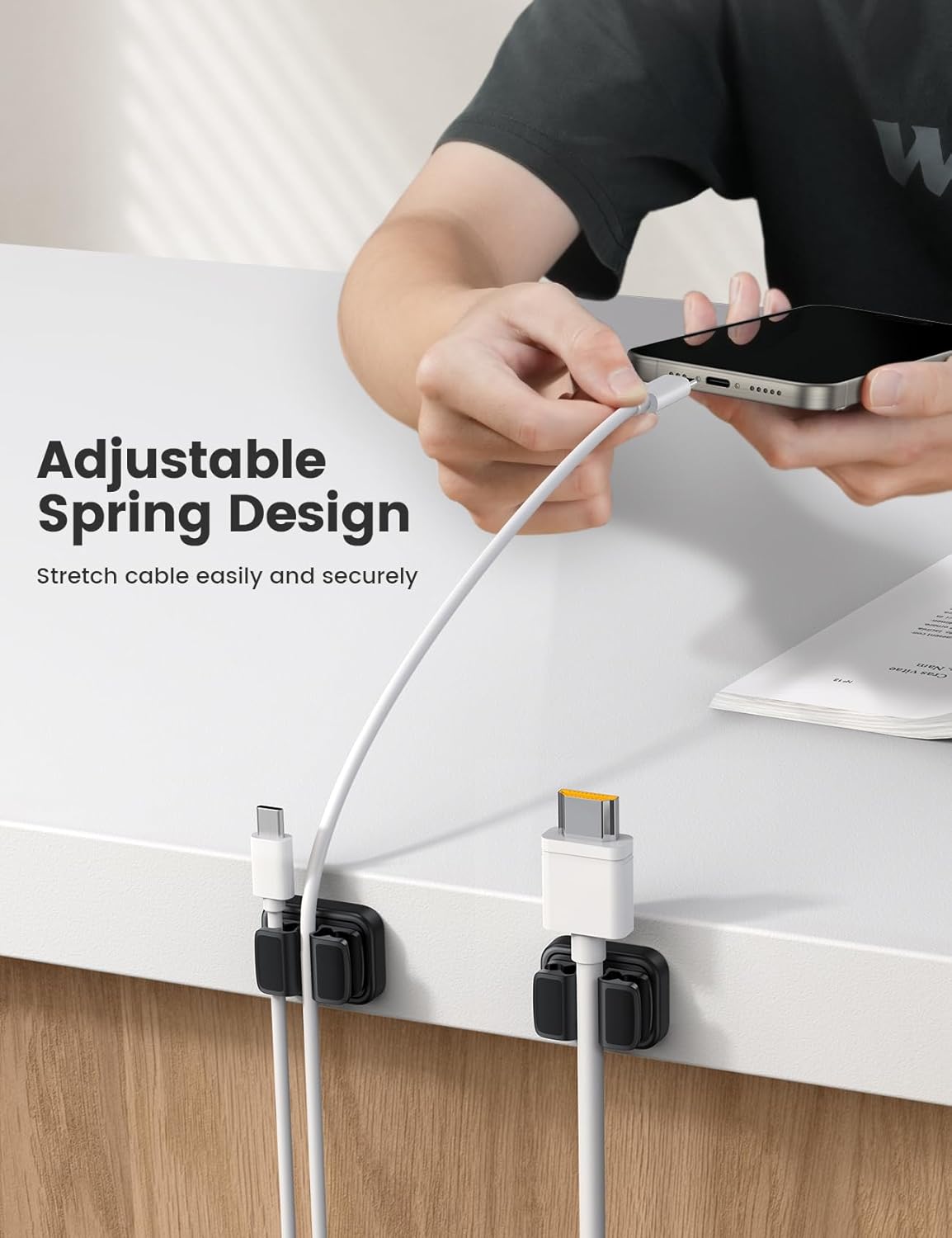 3-in-1 Cord Spring Clip Holder - Lamicall Small Clips for Desk Cable Organizer, Adhesive Adjustable Cable Holder for Charger Wire, USB Cord, Office, Car, Cord Management, Desk Accessories, 6Pcs