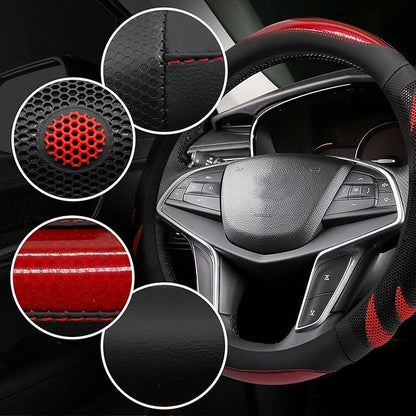 Sport Style Black Leather Steering Wheel Cover with Red Ripple-Style Grip Steering Wheel Accessory,Universal Fit 14.5-15.25 inch Steering Wheel