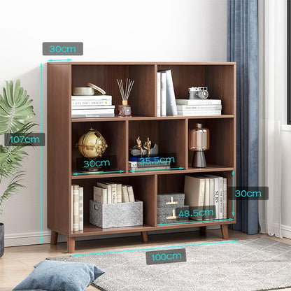 IOTXY Open Cube Low Bookcase - 3-Tier Freestanding Storage Display Cabinet Organizer with Legs for Home Office, 7-Cubes Open Shelf Short Bookshelf, Walnut