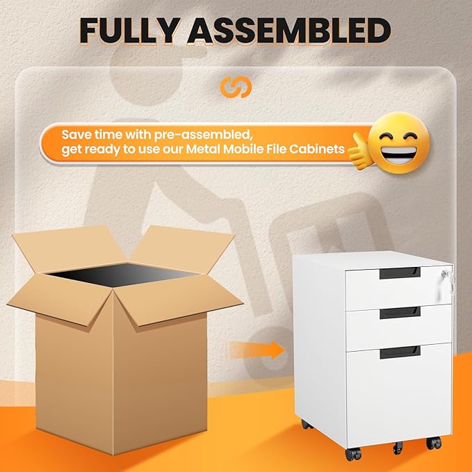 3 Drawer File Cabinet with Lock, Fully Assembled Metal Mobile Filing Cabinets