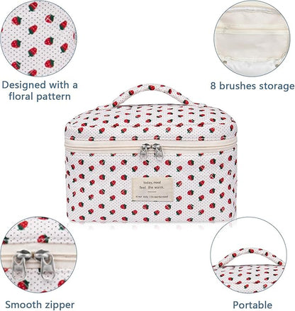 Gosect Large Makeup Bag, Cute Cosmetic Bag for Women Girls, Floral Coquette Aesthetic Toiletry Bag, Travel Make Up Organizer Bag (Strawberry)