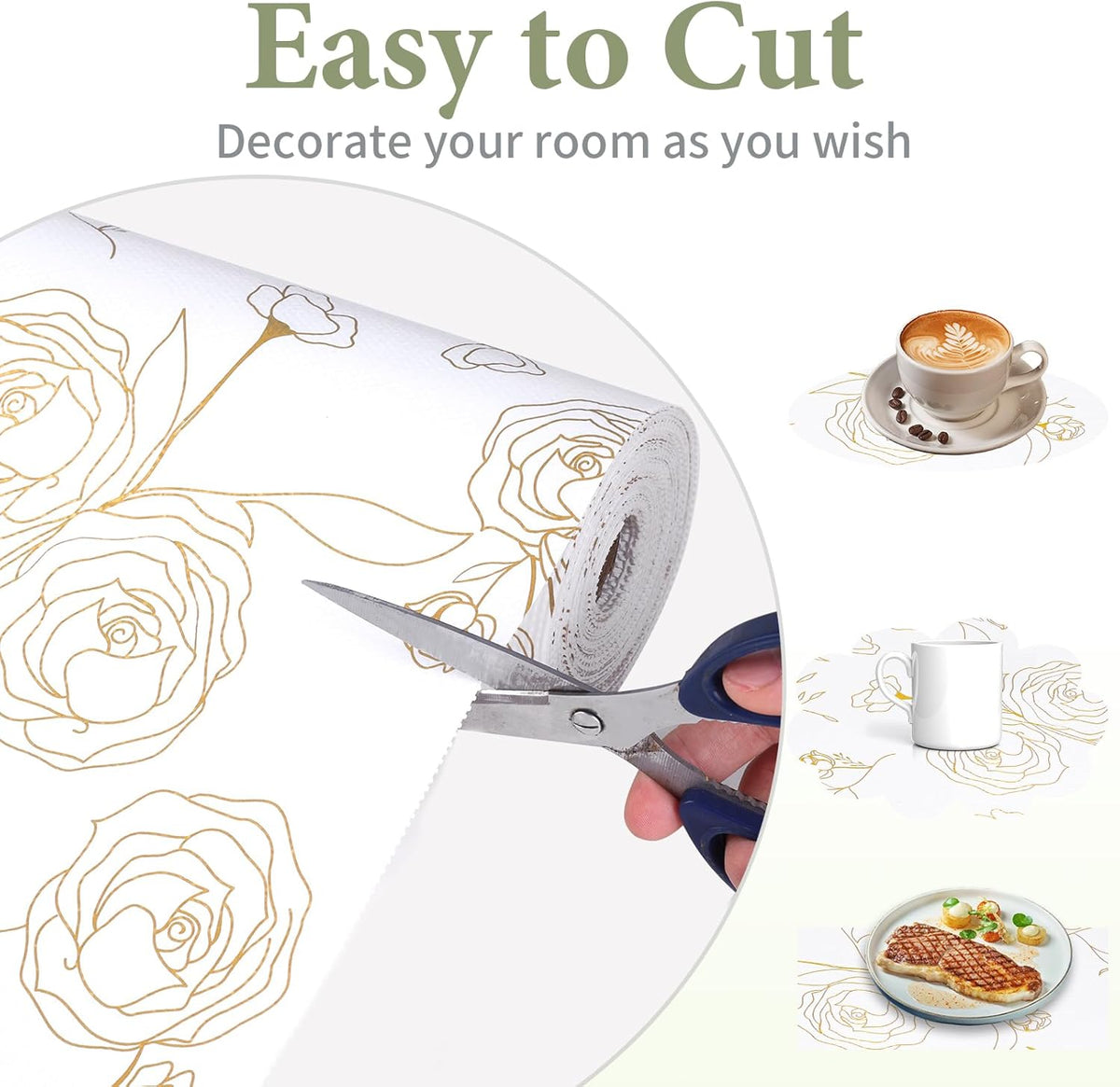 Shelf Liners for Kitchen Cabinets 23.6in x 39.37FT Non Adhesive Drawer Liner Gold Floral Thickened Shelf Liner Paper Strong Non-Slip Easy to Clean for Tool Box Refrigerator with Knife and Tape Measure