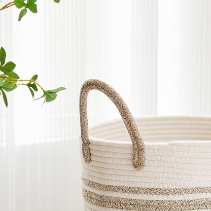 VIPOSCO Large Laundry Hamper, Tall Woven Rope Storage Basket for Blanket, Toys, Dirty Clothes in Living Room, Bathroom, Bedroom - 53L Brown & White