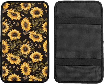 Sunflower Car Center Console Cover Yellow Black Flower Floral Armrest Box Covers SUV Van Sedans Truck Interior Accessories, Anti-Scratch Middle Console Lid Cushion Protector